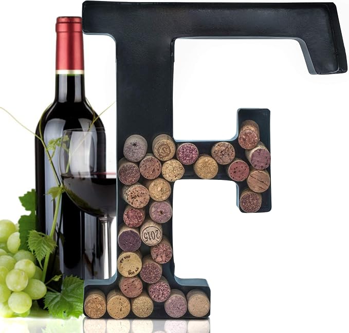 Made Easy Kit Metal Letter Wine Cork Keepsake Saver & Holder Monogram w/Free Wall Mount Kit A-Z (Letter F, Large)