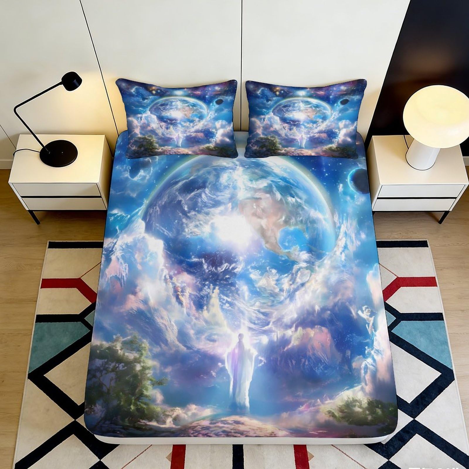 3D Printed Blue Earth Dream Fitted Sheet Microfiber Soft Breathable Sky Cloud Mattress Cover for Bedroom Dorm Decor 90x200x25cm