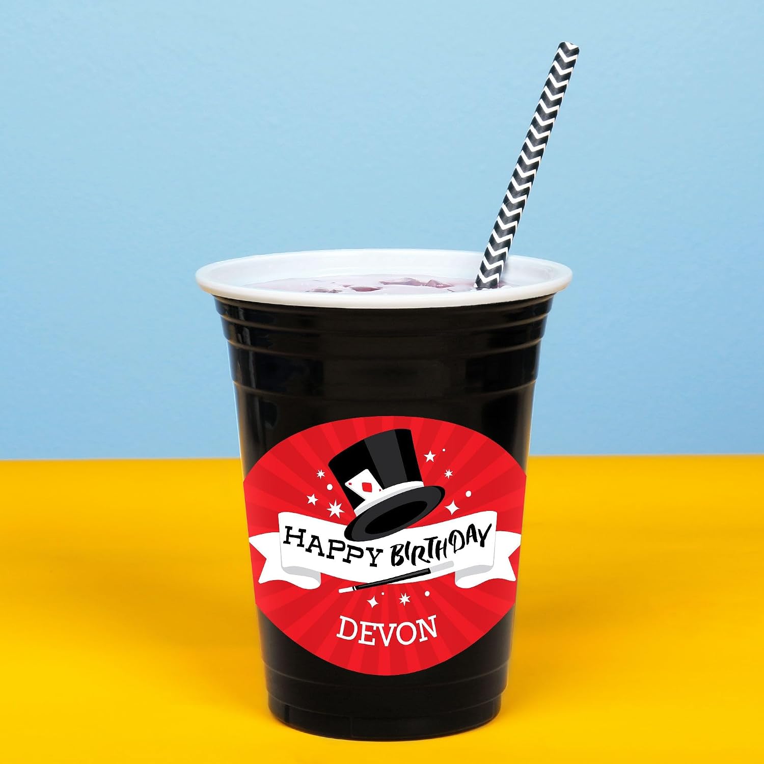 Big Dot of Happiness Custom Magic Show Cups, 16oz Disposable Drinkware, Ta-Da Magical Birthday Party Table Decor, Custom Party Cups (Black) & Personalized Stickers - 16 Pack