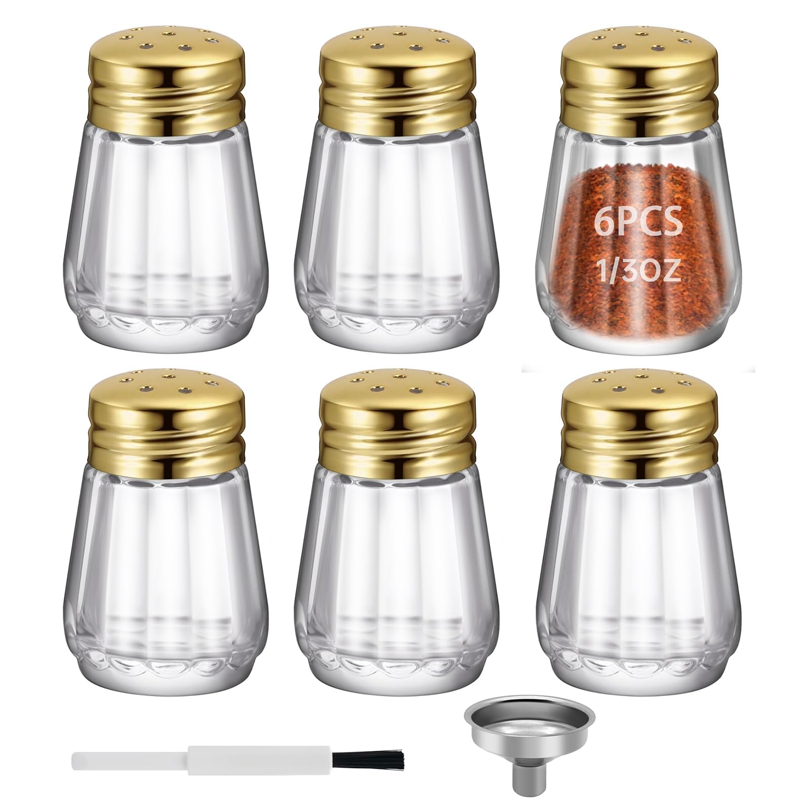 0.3 OZ Mini Salt and Pepper Shakers 6 Pcs - Small Mini Salt Shaker Clear Seasoning Shakers Tiny Glass Spice Containers, Portable Small Seasonging Jars for kitchen, Picnic (Gold)