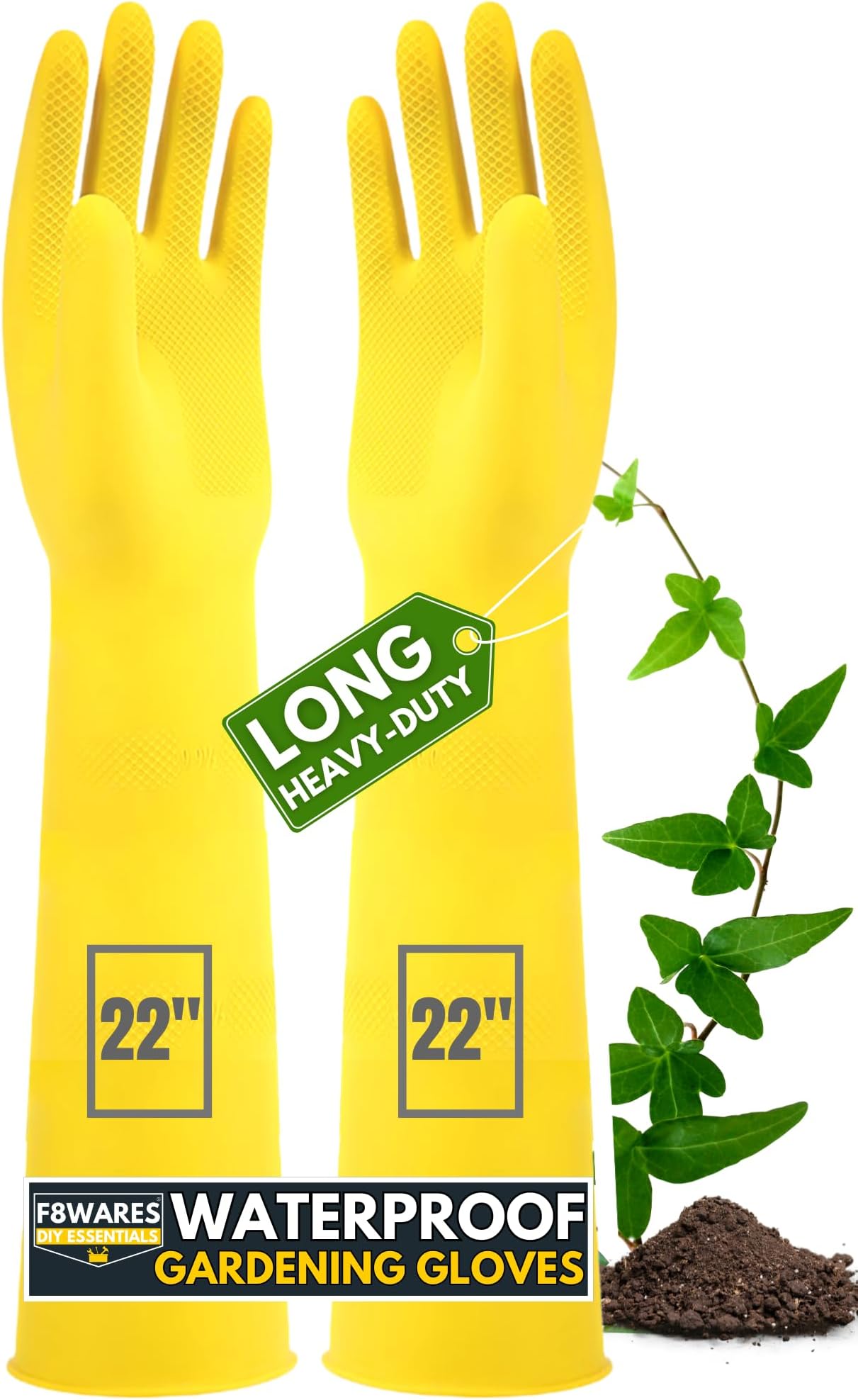 F8WARES 1 Pair 22 Inch Long Thick and Heavy Duty Rubber Gardening Gloves - Waterproof Garden Gloves for Home Garden, Farming & Agriculture Work Yellow (Large)
