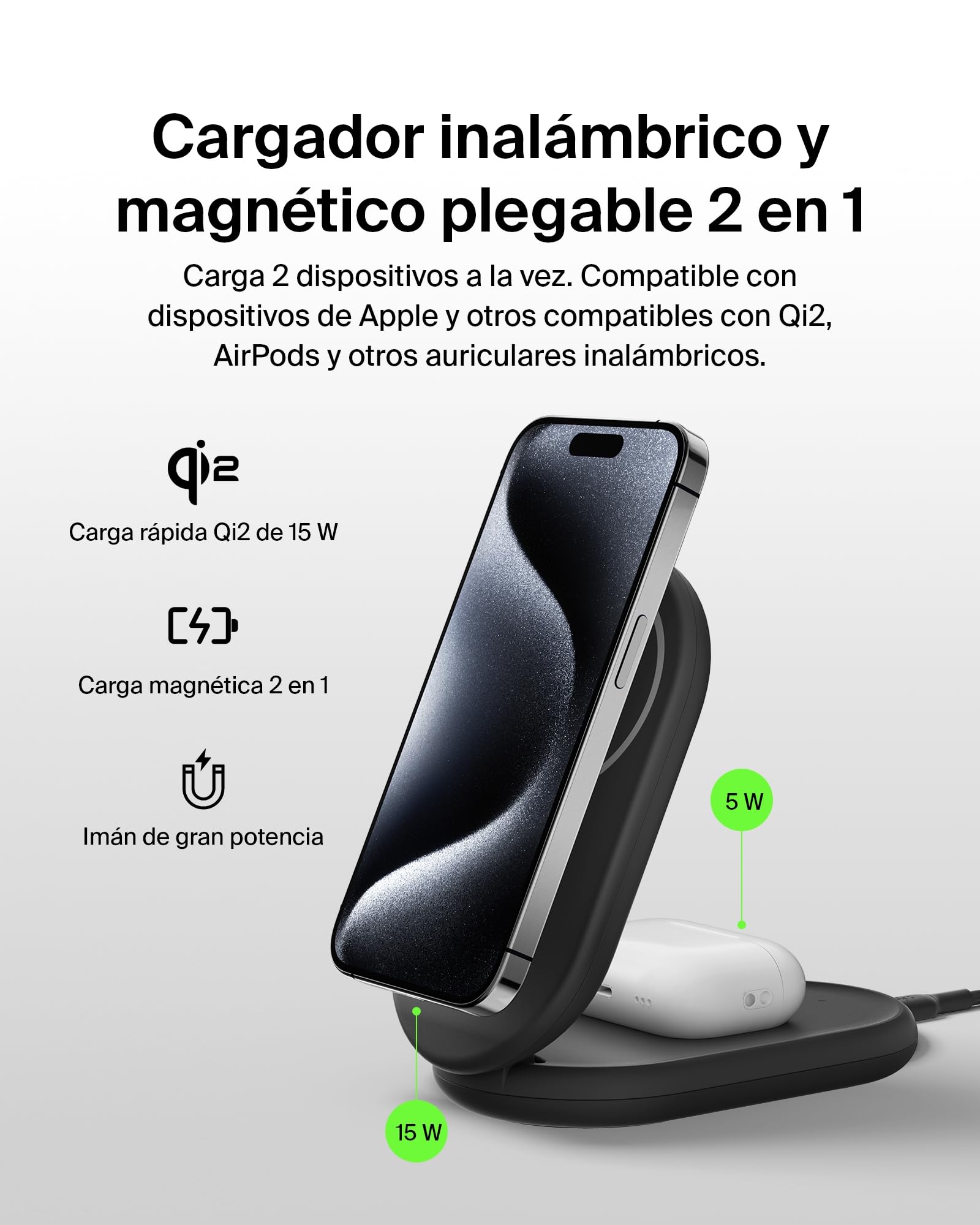 Belkin BoostCharge Cargador Magnético Plegable Qi2 15W, Estación de Carga Inalámbrica Compatible con MagSafe, Carga Rápida para iPhone 17, Air, Pixelsnap, Base con Soporte Antideslizante - Negro