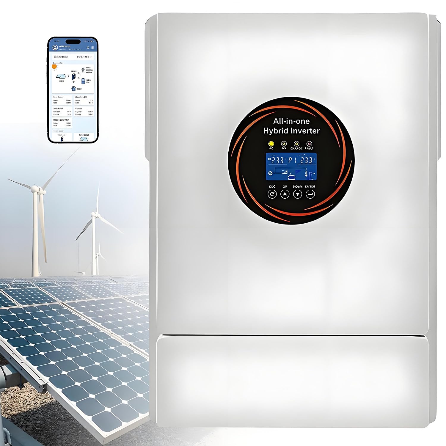 Hybrid Solar Inverter, 5500W DC 48V to AC 220V Pure Sine Wave Power Converter with LCD Display, 120A MPPT Charge Controller, Supports Lead-Acid and Lithium Batteries