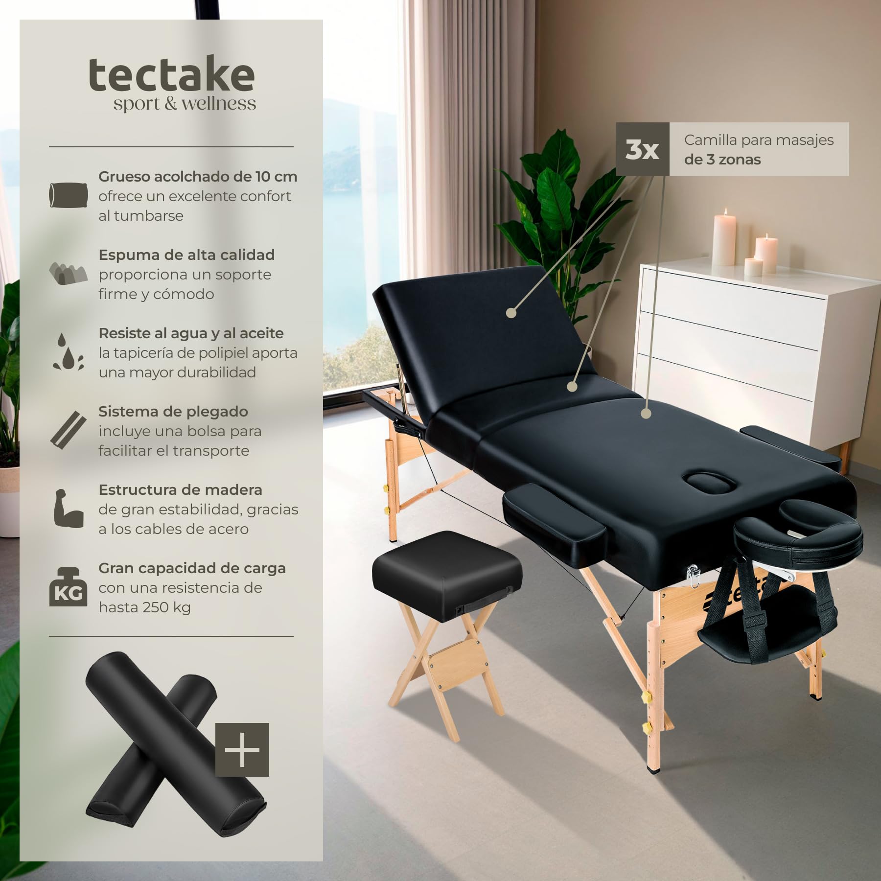 tectake® Camilla Masaje Plegable de Madera, Camilla Profesional para Fisioterapia, Quiromasaje, Tatoos, Reiki, con Taburete, Cojines y Bolsa Transporte - Negro