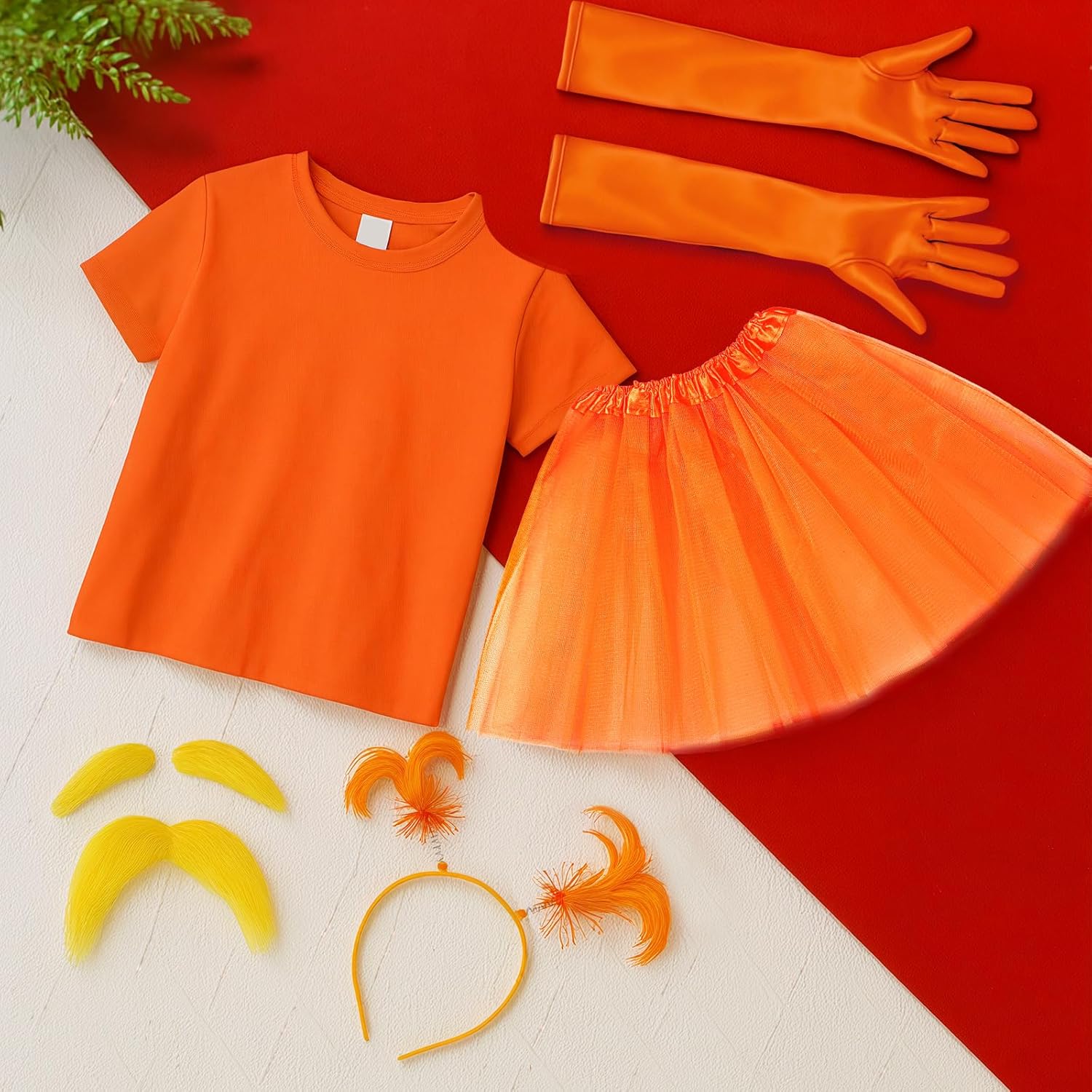 6 Pcs Orange Costume Accessories Set Yellow Mustache and Eyebrows T Shirt Skirt Gloves Headband for Women - Image 5