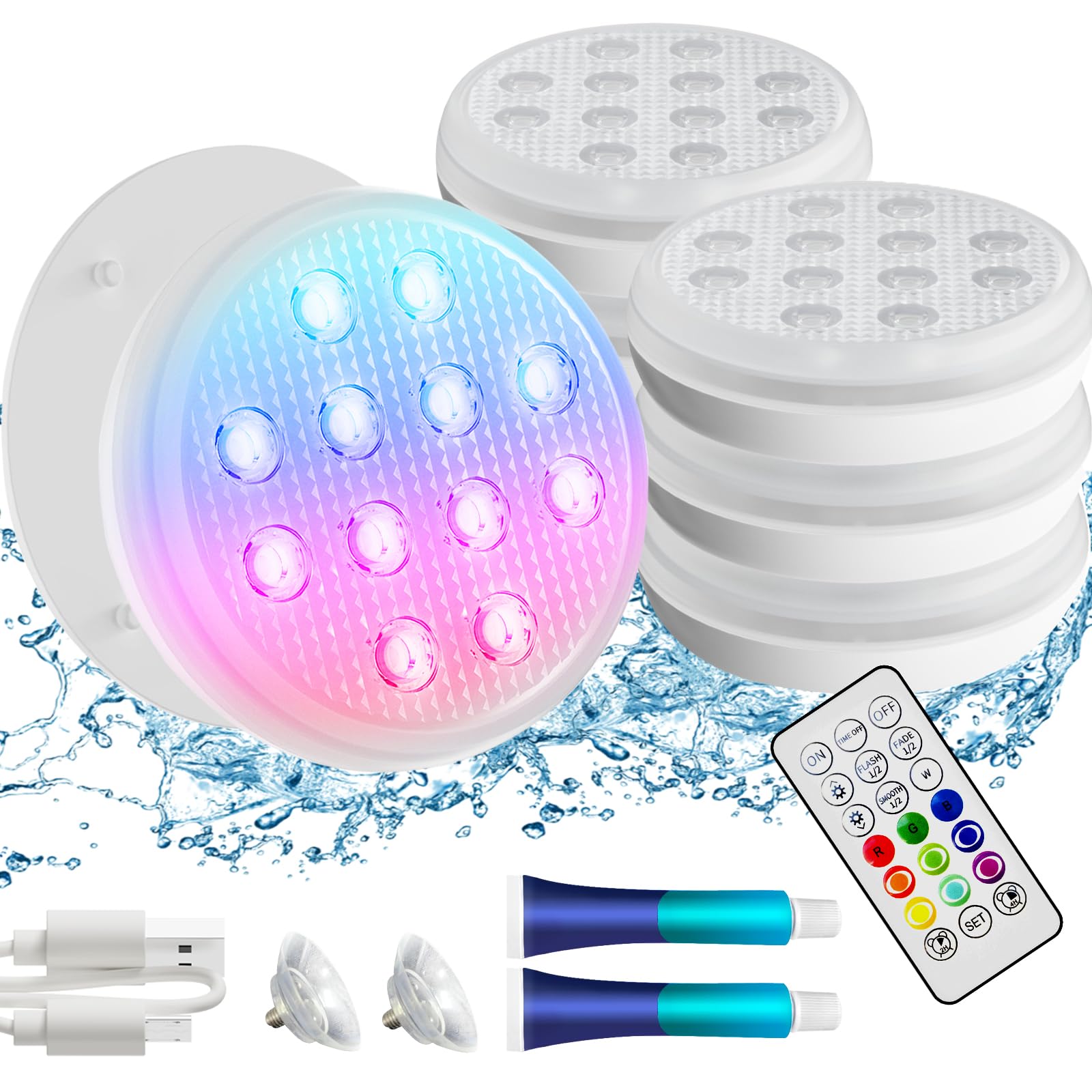 Rechargeable Submersible LED Pool Lights (4 Pack) - 16 Colors, IP68 Waterproof, Remote Control, With Magnet