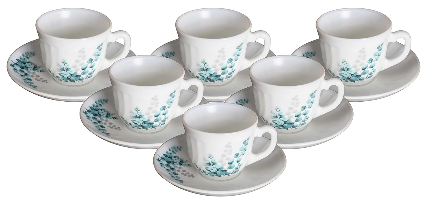 CELLO OPALWARE Imperial Bella Cup and Saucer Set, 160ml, Aqua Leaves