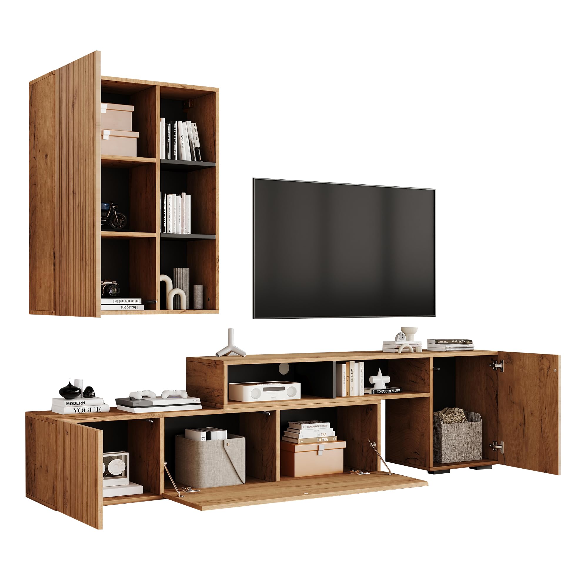 Set da parete per TV con vetrina (set completo, 2 pezzi), pannello multimediale incluso, set di mobili TV e mensole, da terra e sospeso (colore legno + nero 1)