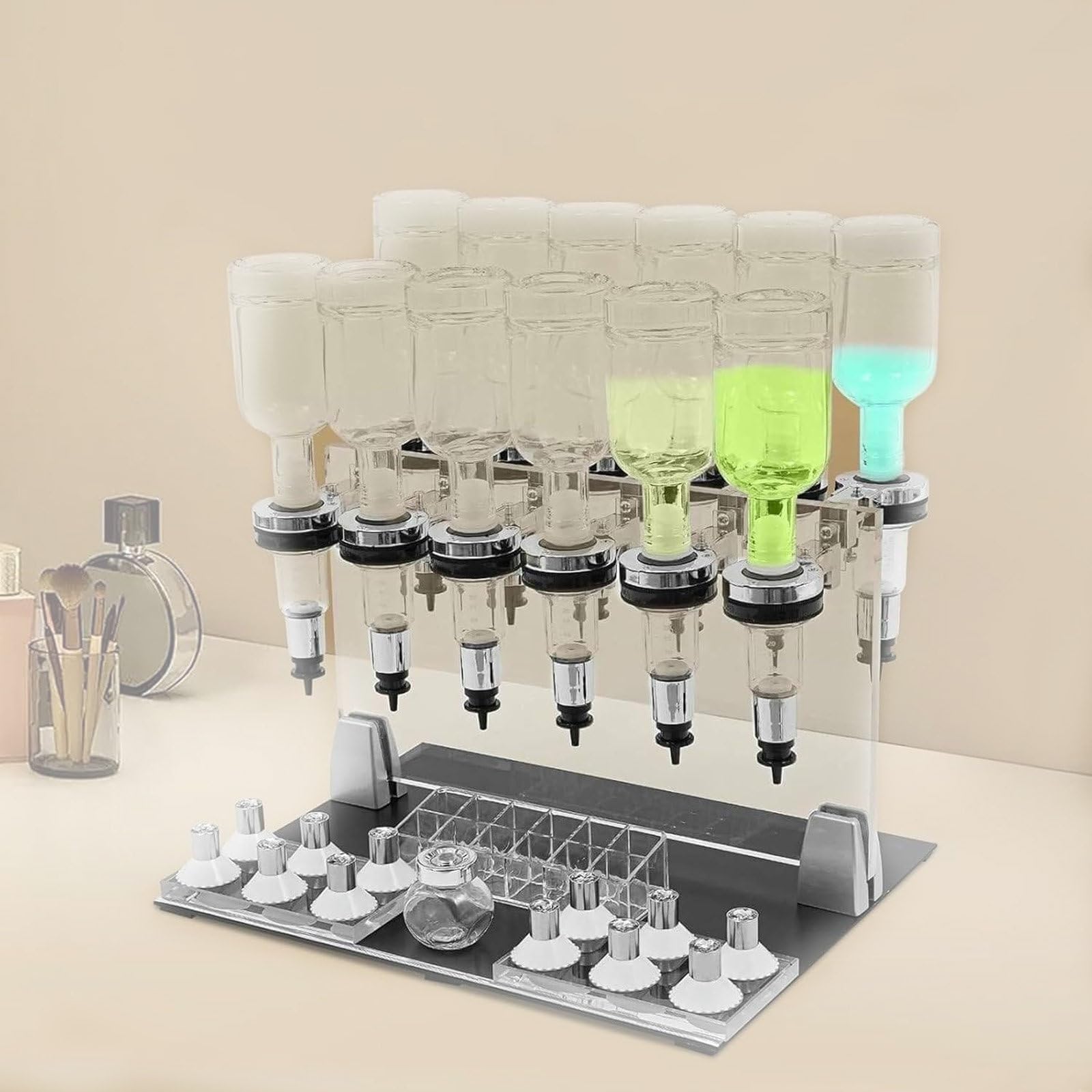 XueFulxion Integrated stand for fragrance testing and liquid filling.Stable support, easy assembly and cleaning serve perfume retail and catering industries well. 12heads