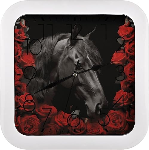 Reloj de pared cuadrado moderno de 10 pulgadas, con estampado de caballo rojo y negro, funciona con pilas, silencioso sin tictac, único y divertido,