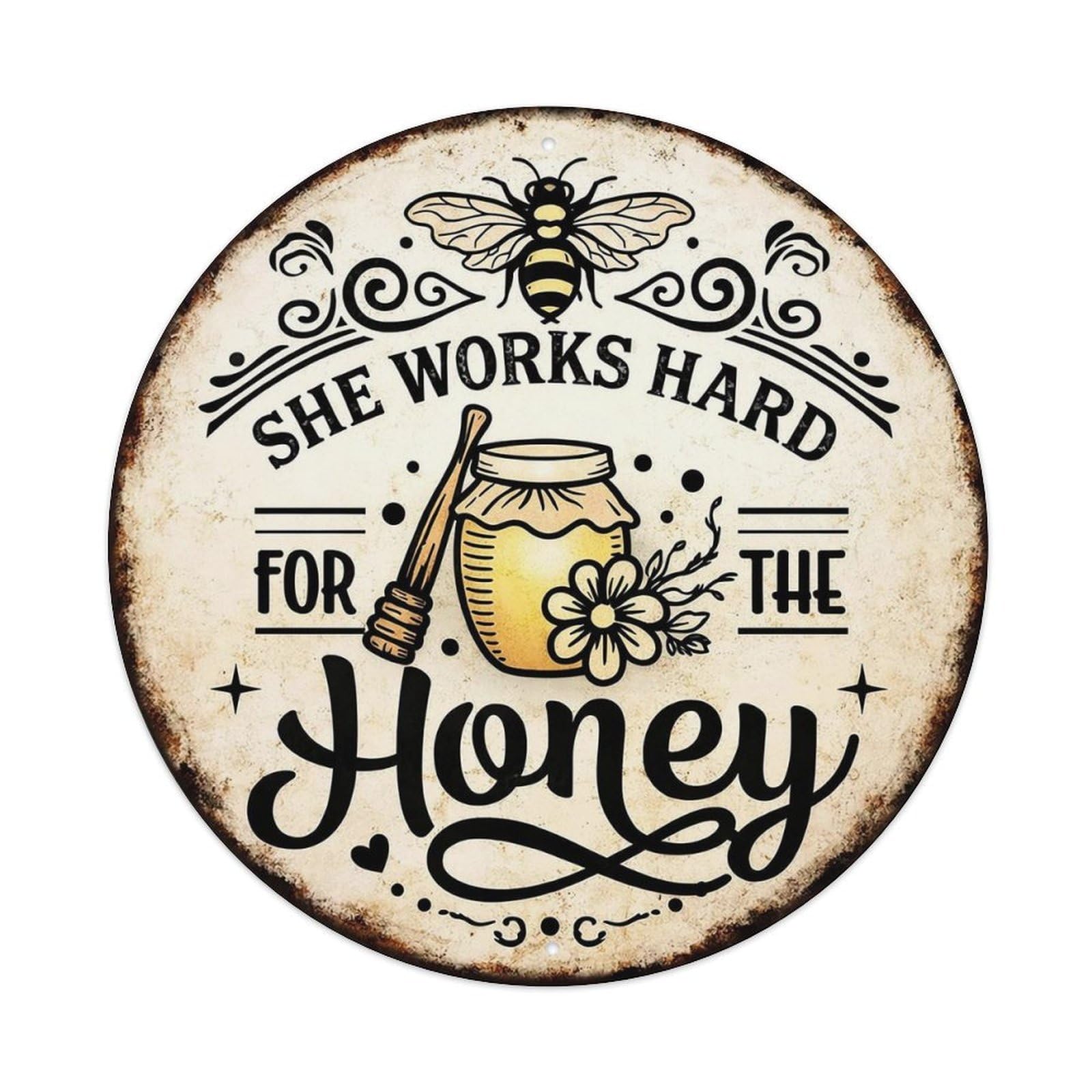 Bee Jar Flower Honey Text Round Metal Tin Sign Vintage Wall Decor, Bar Garage Cafe Kitchen Home Wall Art Poster 8x8inches