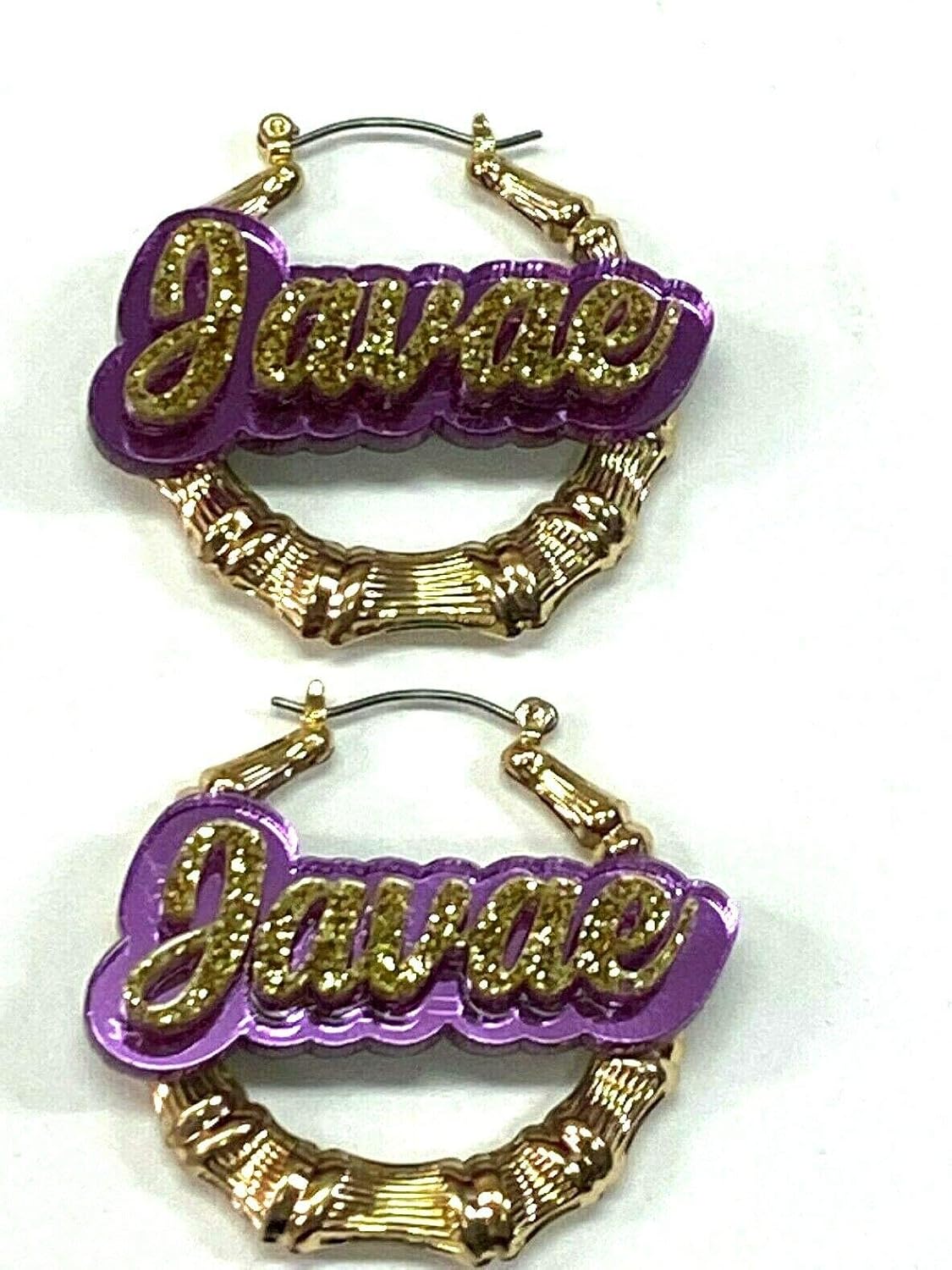 Bamboo Earrings Hoops Personalized Custom Gold 1.5, 2.5, 3.5" Size and Background Color ChoiceName Plate Laser Cut Made To Order - Any Name Diamond Look Script Cursive Letters Stunning, Quality, Attractive