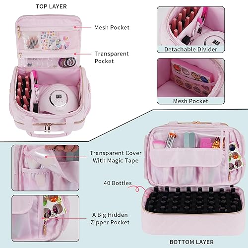 Miniatura 4 de Estuche organizador de esmalte de uñas, se adapta a 1 lámpara de uñas y 50 botellas, bonitos organizadores de uñas y almacenamiento con bolsillos