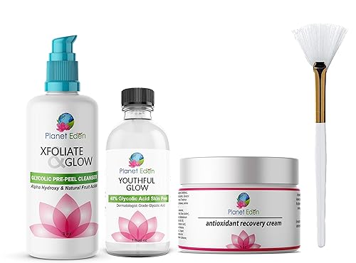 Planet Eden Kit de exfoliación química para la piel con 40% ácido glicólico + limpiador glicólico previo al despegue + crema de recuperación