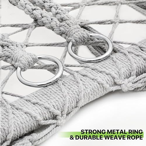 Miniatura 8 de Magshion Hamaca de 2 asientos con 3 cojines, columpio colgante de macramé con borlas, malla de cuerda de algodón estilo bohemio para uso en