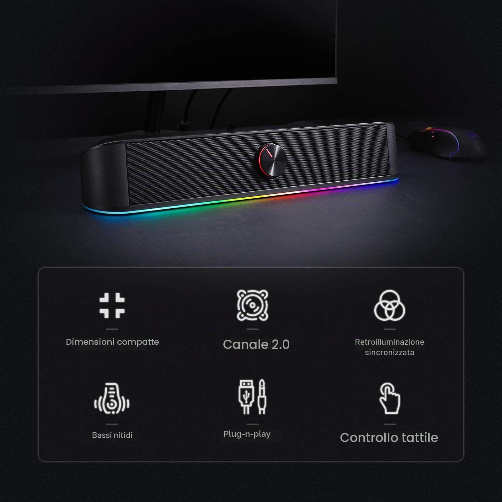 Redragon GS560 Adiemus RGB Desktop Soundbar, Altoparlante per computer a 2.0 canali con barra di illuminazione dinamica, sincronizzazione audio/luce, retroilluminato con controllo touch con manopola