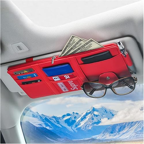 Miniatura 10 de Organizador de visera solar para automóvil, bolsillo de almacenamiento de cuero con cremallera para tarjetas, registro de licencia, bolígrafos,