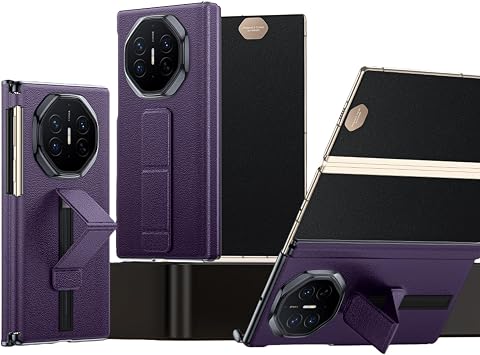 Premium Leather Case for Huawei Mate XTs/XT Tri-Fold Screen - Textured Protective Cover with Wrist Strap and Stand Feature, Smartphone Case Purple