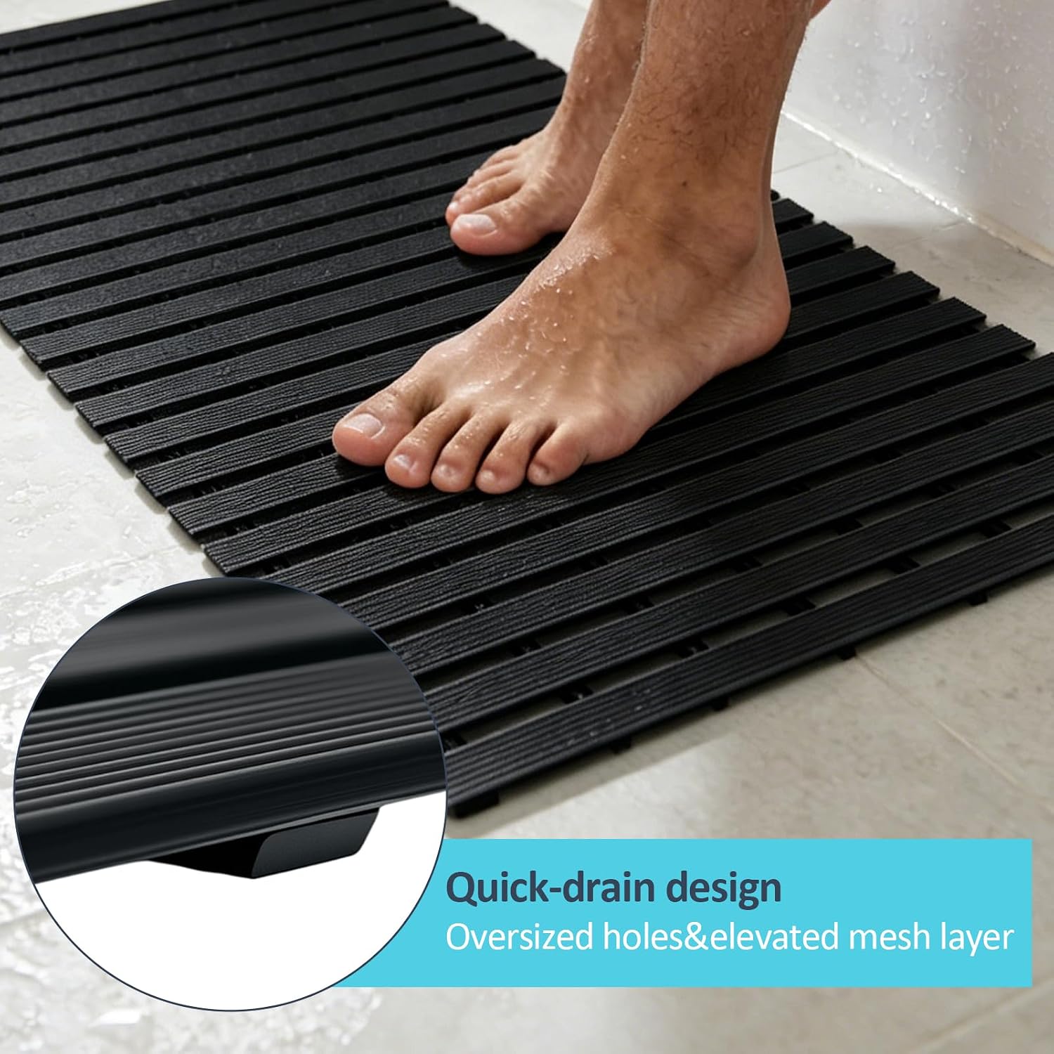 Black Weighted Non Slip Bathtub Mat Without Suction Cups,Textured TPE Bath Mat for Textured Tub & Shower Surfaces,Doesn't Float, Works on Tile and Stone(33.8”x 17”)