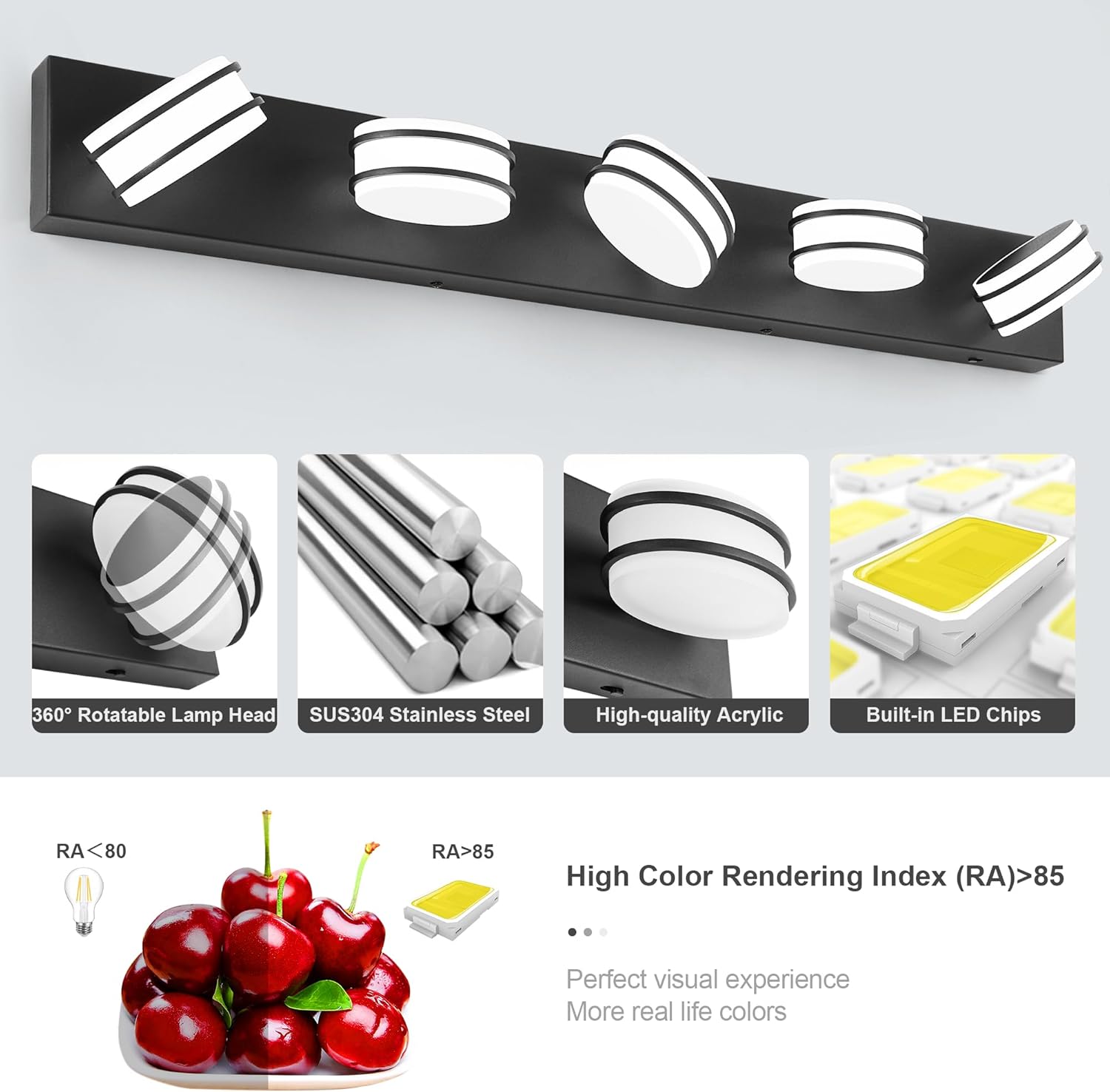 3 Color Temperature Dimmable Bathroom Light Fixtures Over Mirror, LED Black 5 Light Vanity Lighting Fixtures, Acrylic Stainless Steel Oval Shade Vanity Lights for Bathroom, ETL Certificated