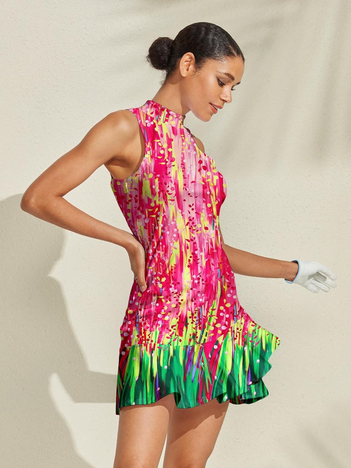 ACEGOLFS Women's Tennis Dresses Summer Sleeveless Plaid Athletic Dress for Women Standing Collar Ruffled Hem Midi Dresses