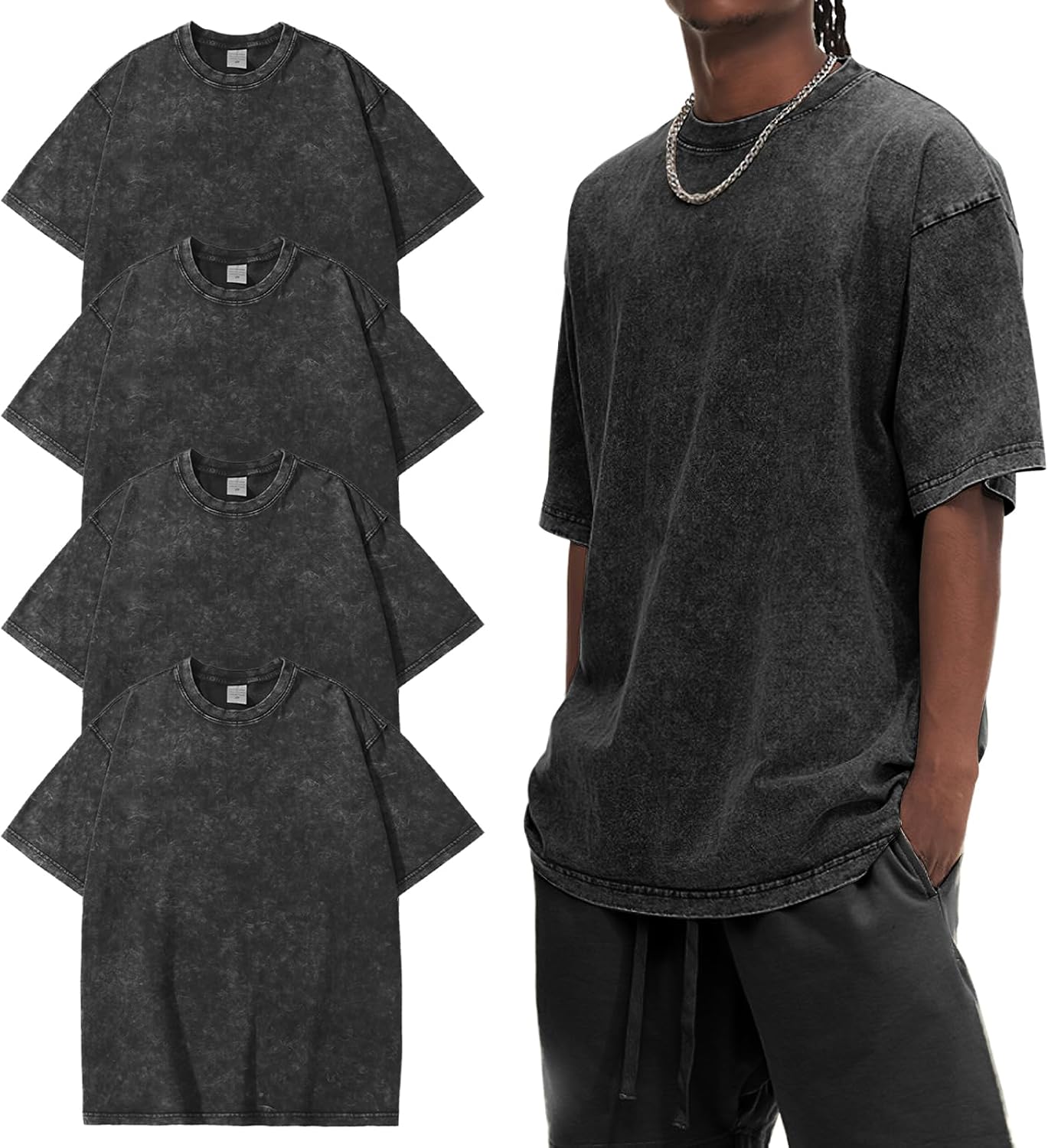 Eisctnd 4 Pack Men's Oversized T-Shirts Heavy Cotton Vintage Tee, Loose Fit Baggy Short Sleeve Casual Streetwear Unisex Tops