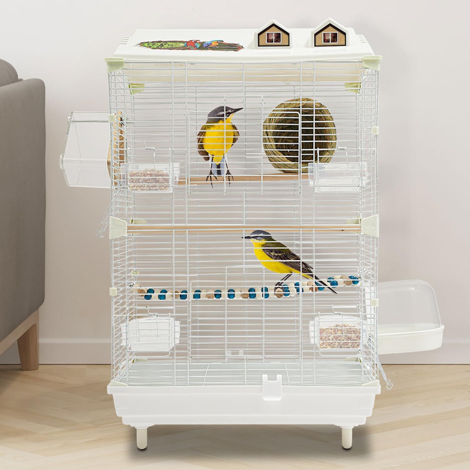 30" Roof Top Bird Cage, 2 Tier Medium Metal Parrot Cage with Accessories Include Cross Bar Climbing Ladder Dual Door Parakeet Cage for Various Bird Species (30.3" H)
