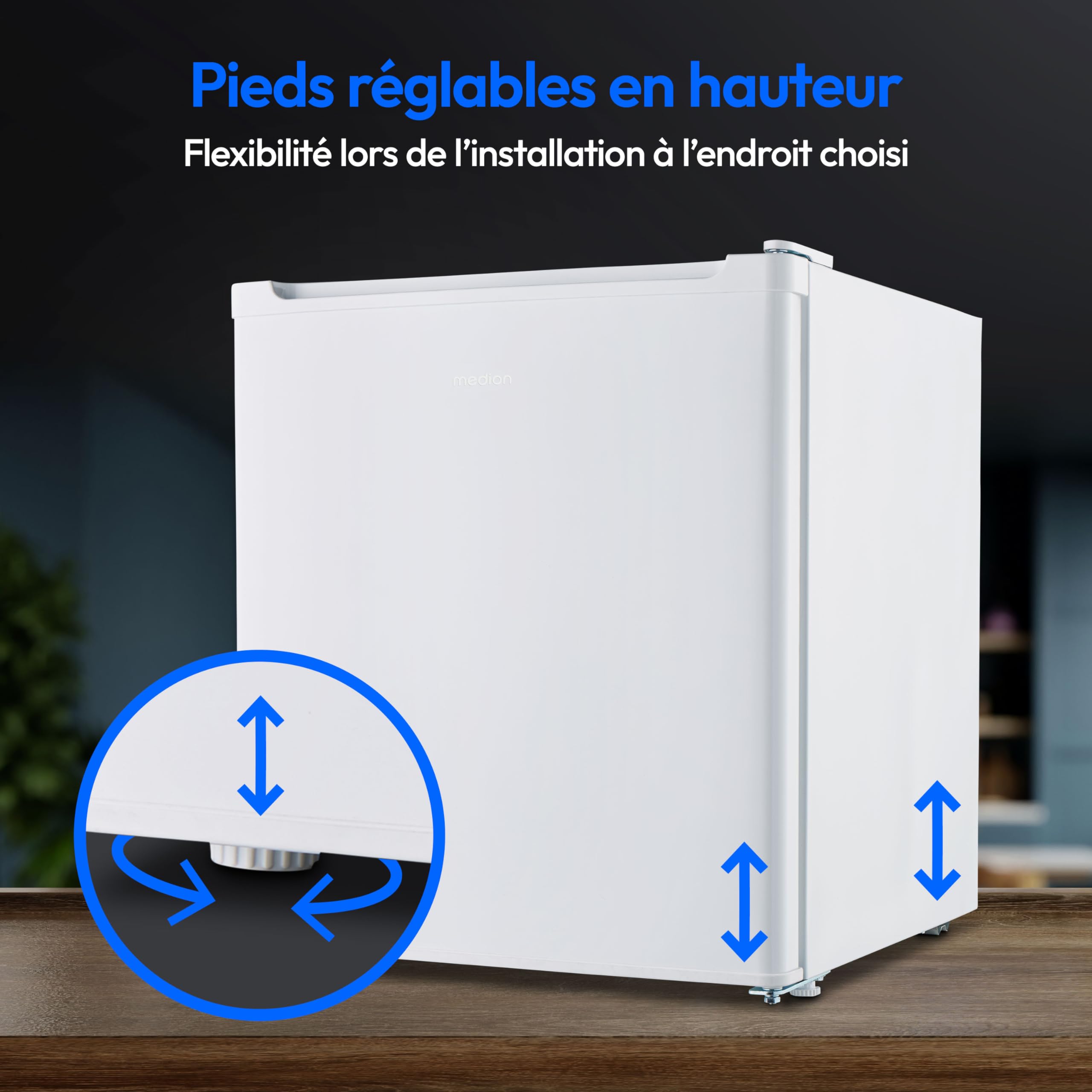 MEDION mini réfrigérateur (avec compartiment à glace, 41 litres de volume utile, petit, pieds réglables en hauteur, pour boissons aliments glace, charnière de porte interchangeable, MD37724) blanc