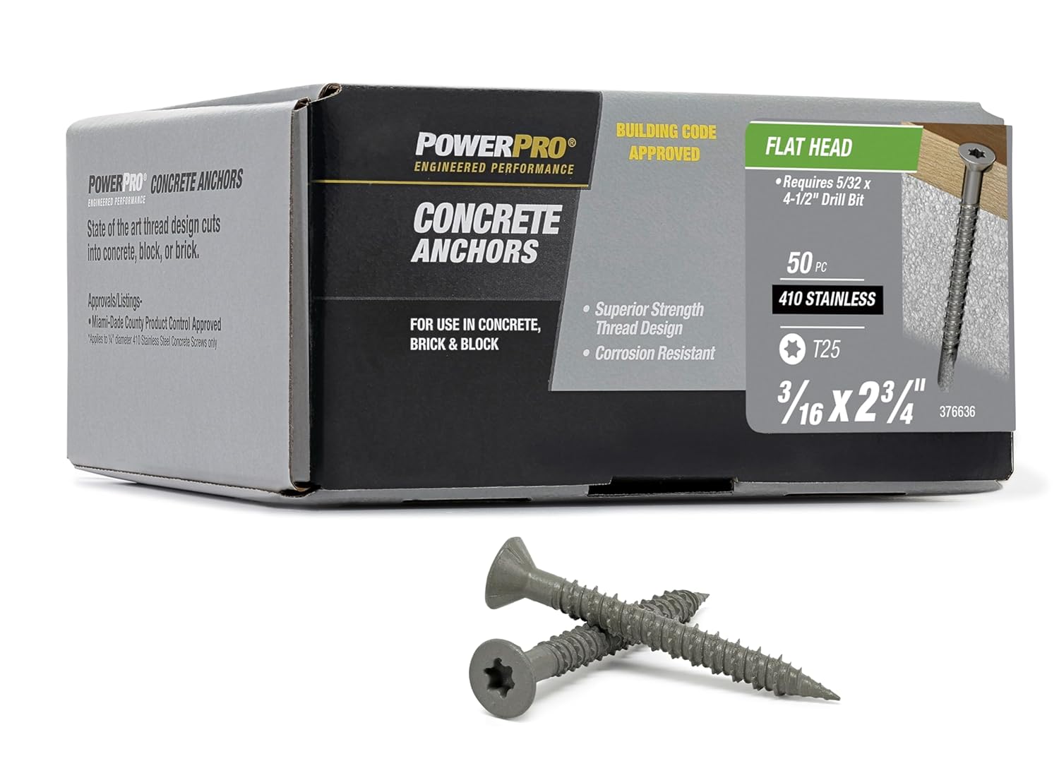 Power Pro Concrete Screw Anchors #410 Stainless Flat (3/16" x 2-3/4") 100-Piece