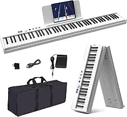 VEDO Piano digital dobrável de 88 teclas, tamanho normal, semi-pesado, com Bluetooth, estante para partituras, pedal de sustain e bolsa para piano, na cor branca (Teclado não iluminado (branco))