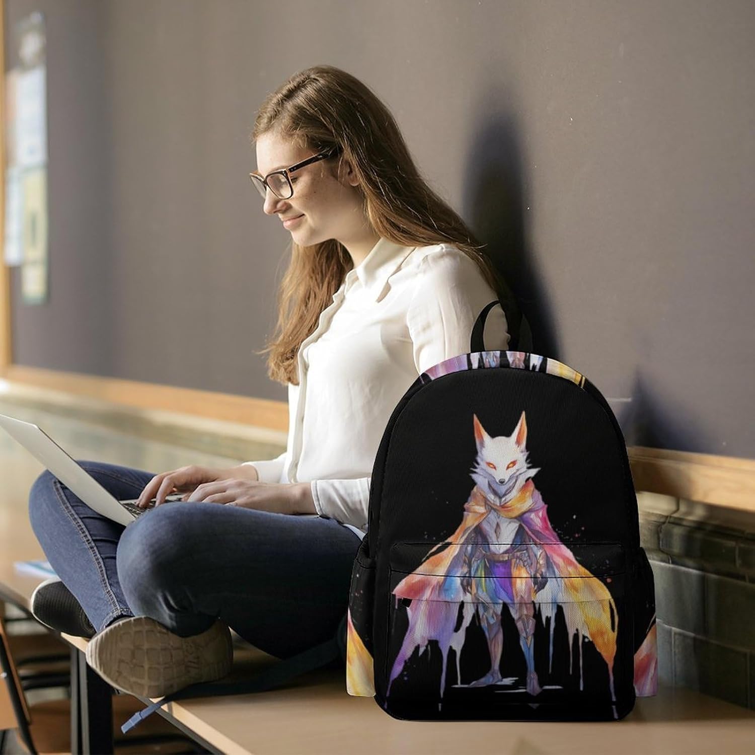 Cool Fox1 Casual Backpack Daypack 16.5 Inch Fashion Double Shoulder Bag for Women