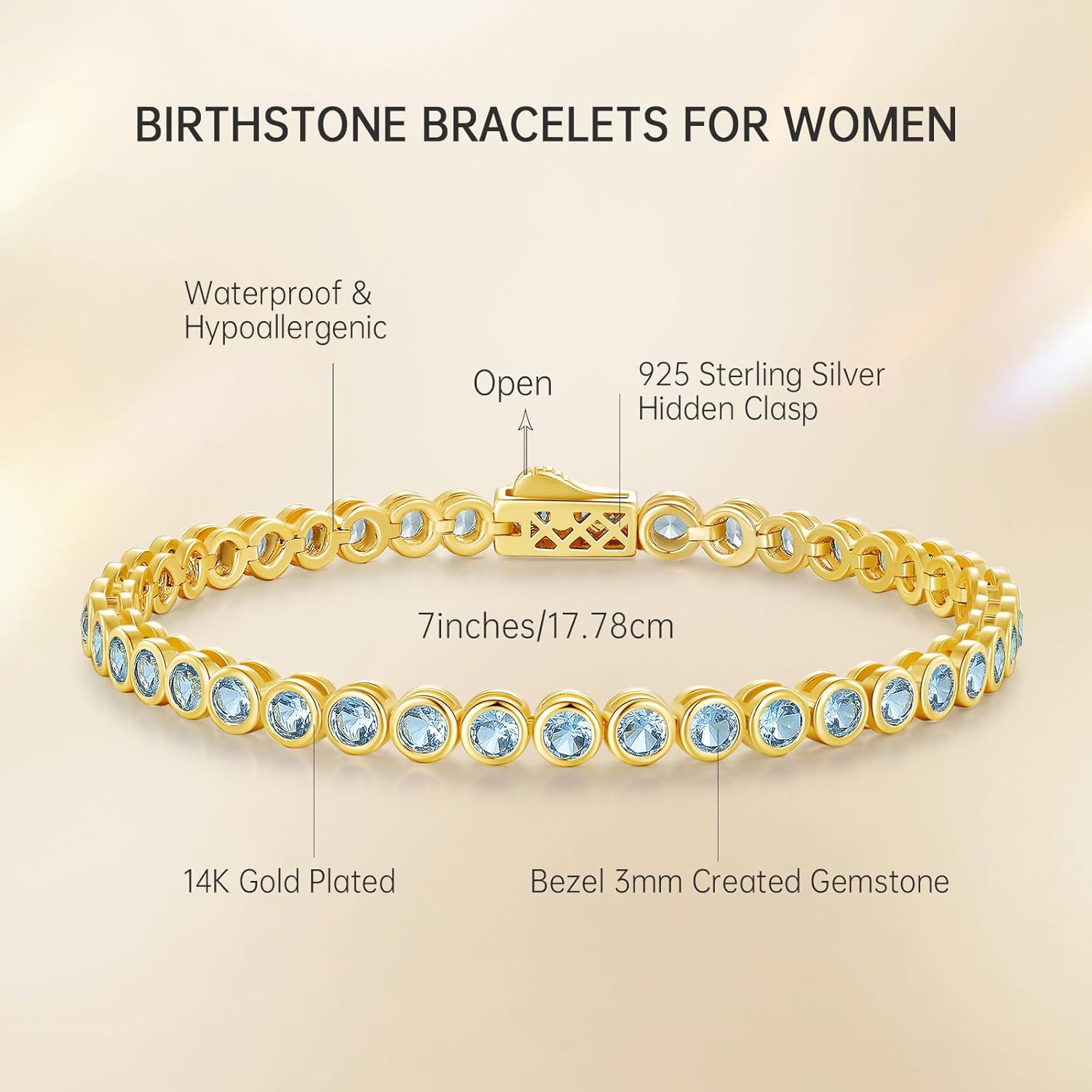 Birthstone Tennis Bracelets for Women, 925 Sterling Silver 14K Gold Plated Bracelet 4mm Round Cubic Zirconia Bezel Setting, jewelry Gift for Women Mom Wife Her on Anniversary Birthday, 7 Inch