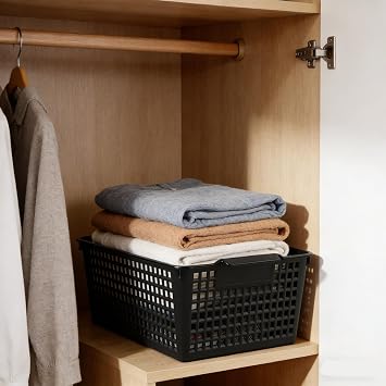 6 Pack Large Rectangular Storage Basket, Plastic Storage Bin, Black | 36.5 x 26 x 14.2 cm, Open Bins with Handles, Closet, Pantry, Office, Toy and Shelf Organizer