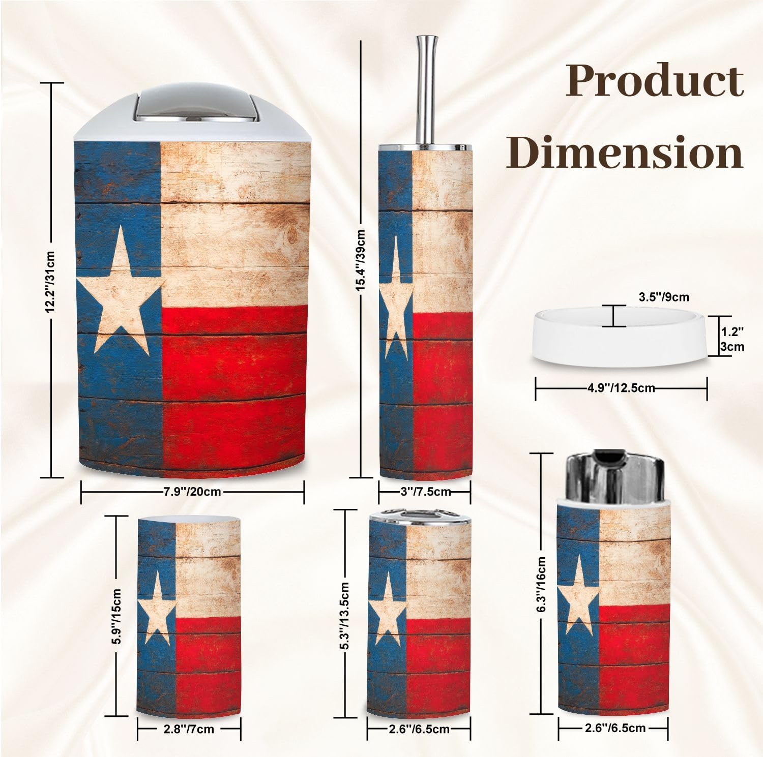 Bathroom Accessory Set 6PCS Texas Flag Made Old Wooden Boards Painted Rustic Retro Painted Trash Can, Soap Dispenser, Toothbrush Holder, Toothbrush Cup, Toilet Brush Holder, Soap Dish for Gifts