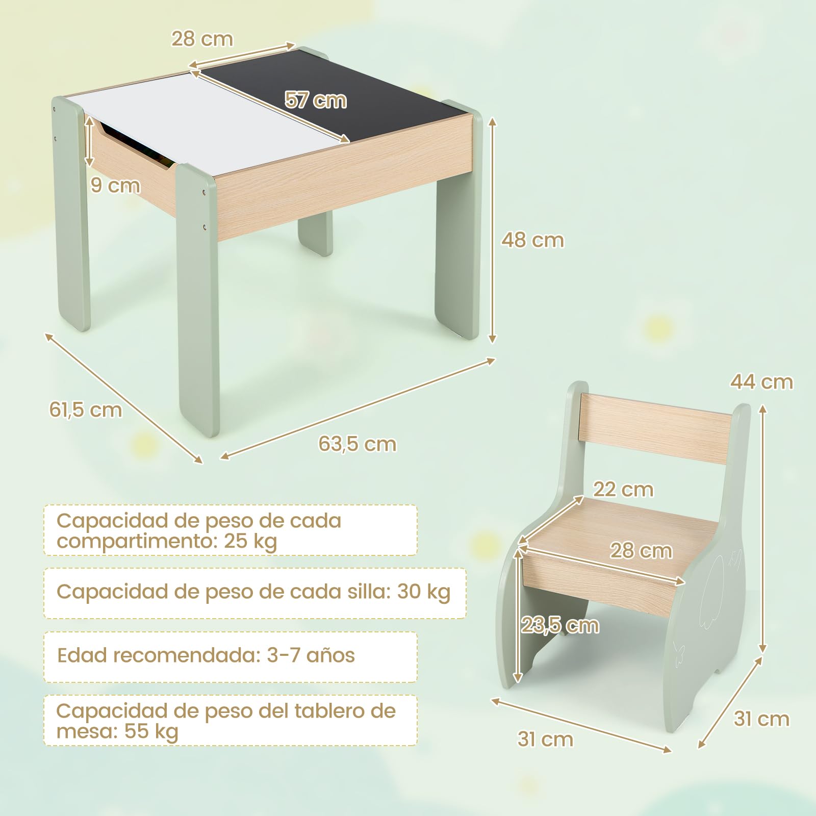 COSTWAY 4 en 1 Juego de Mesa y Silla Infantil, Mesa Infantil de Madera con 2 sillas, Manualidades, Dibujo, Lectura, Mesa Escritorio Infantilcon Almacenaje, Pizarra Desmontable para Guardería (Verde)