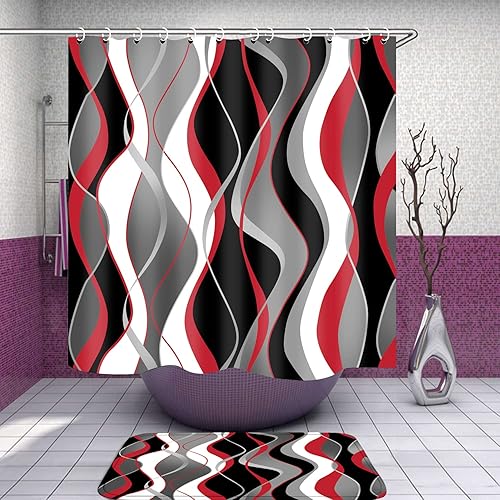 Miniatura 2 de Nkzply Juego de 4 cortinas de ducha a rayas rojas y negras con alfombras y tapa de inodoro, juegos de baño gris y blanco, decoración moderna de baño