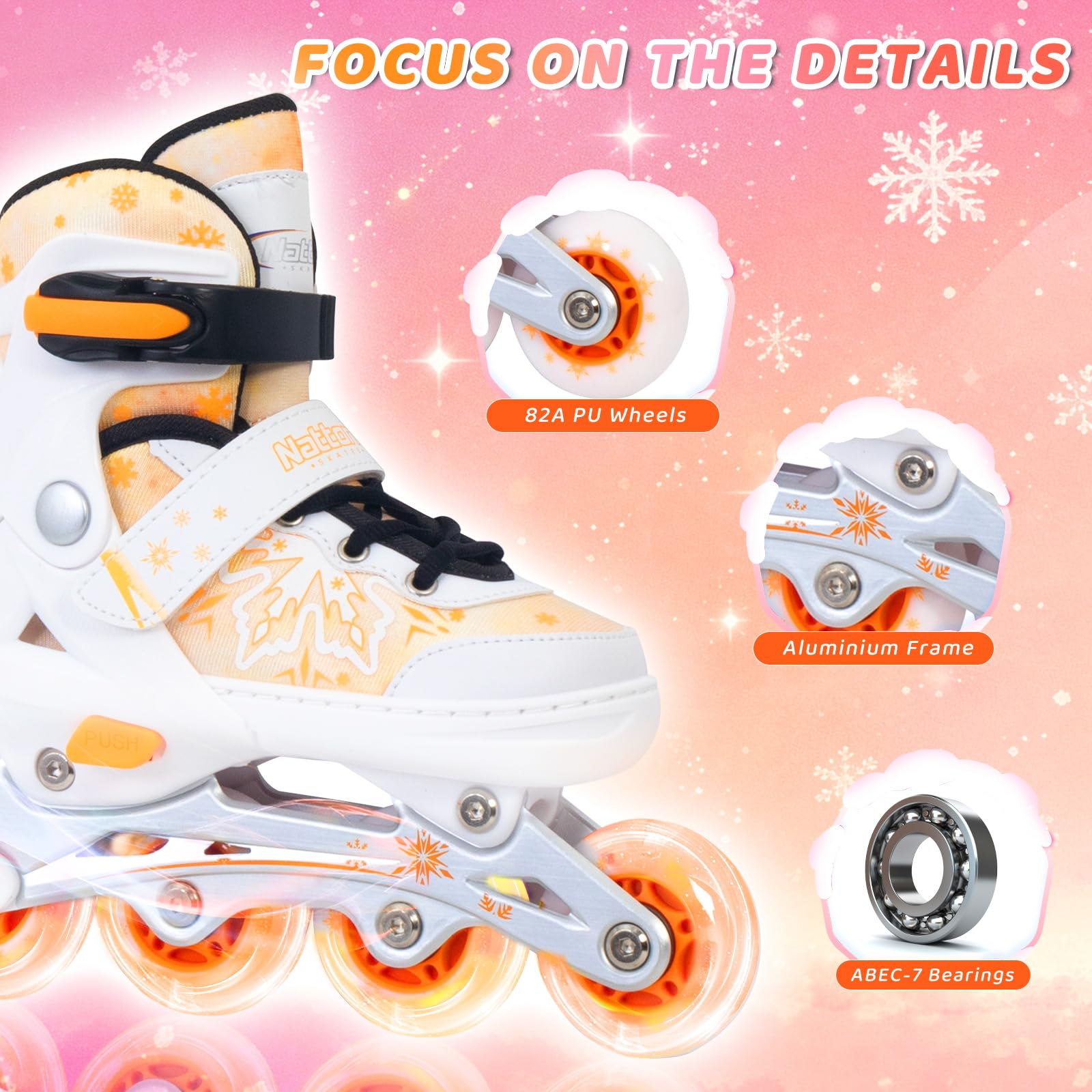 Nattork Patines en línea ajustables, copos de nieve para niñas y niños, patines de ruedas seguros y cómodos para principiantes