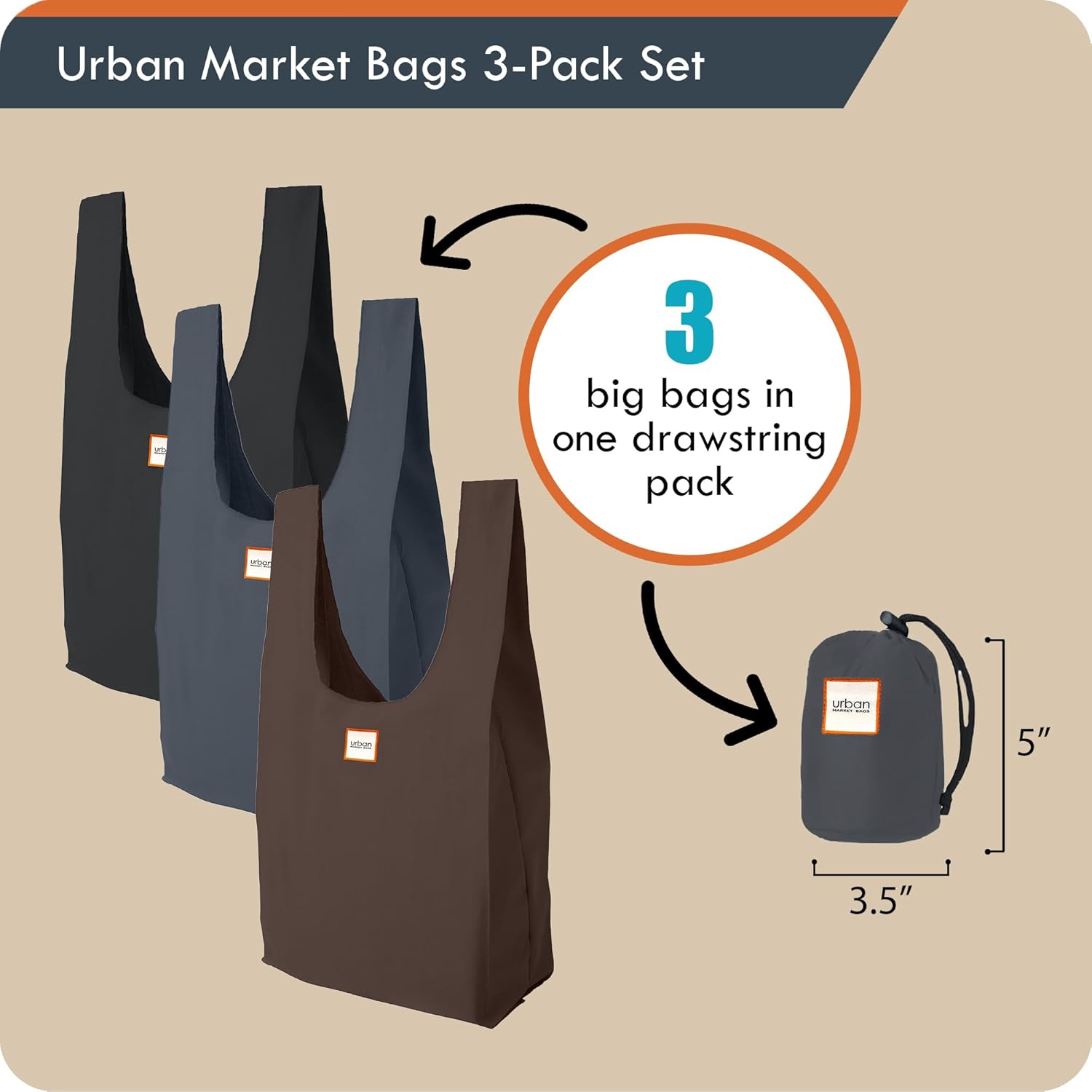 Urban Market Bags - Galaxy - 3 Foldable Reusable Shopping Bags in 1 Compact Pouch, Luxury Quality, Recycled Fabric, Holds 50+ lbs, Machine Washable, Pouch Fits in Cupholder, Designed in California