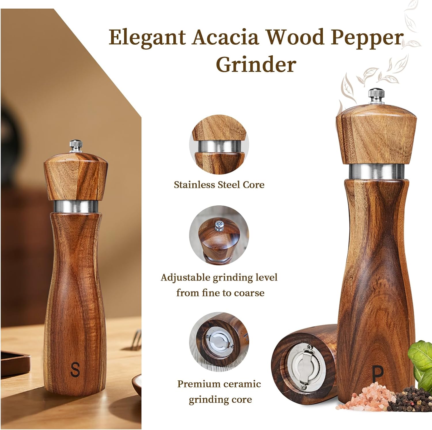 Haomacro 2 Pack Acacia Wood Salt and Pepper Grinder Set Kitchen Home 8 Inch