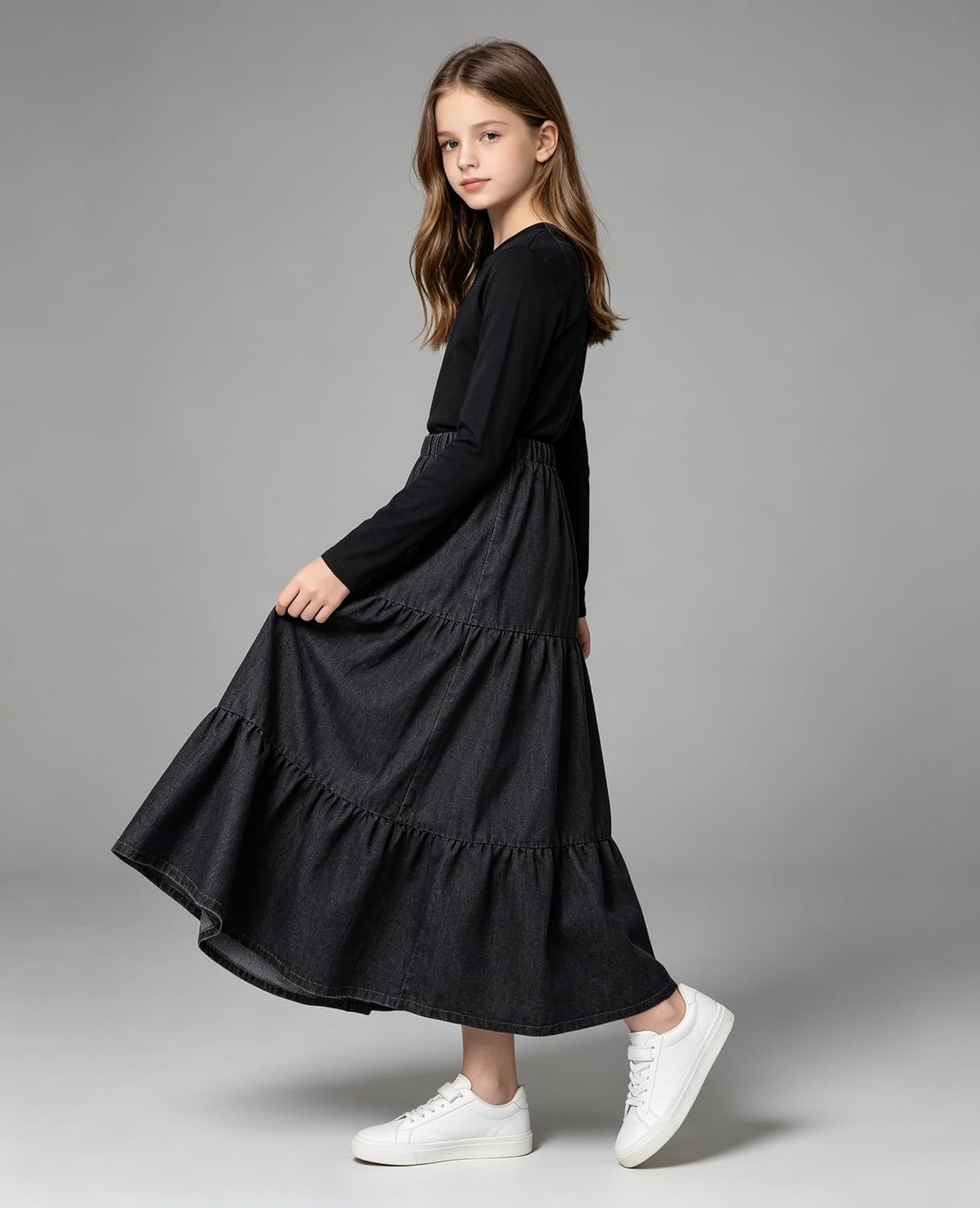 KIDLAGA 9-16 Years Tween Girls Maxi Skirt Trendy High Waist Pleated Long Maxi Jean Skirt for Teen Girls