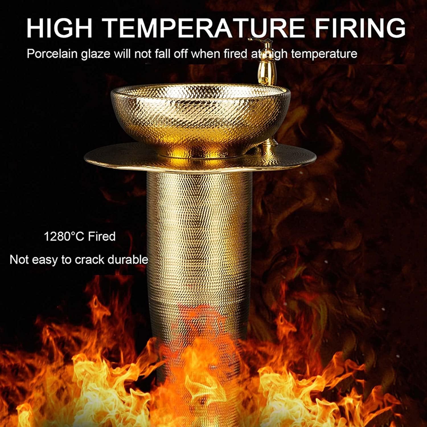 Freestanding Pedestal Sink Hotel Art Basin, Modern Ceramic Bathroom Basin Sink, Gold Cylindrical Hand Wash for Indoor and Outdoor (Without Mirror)