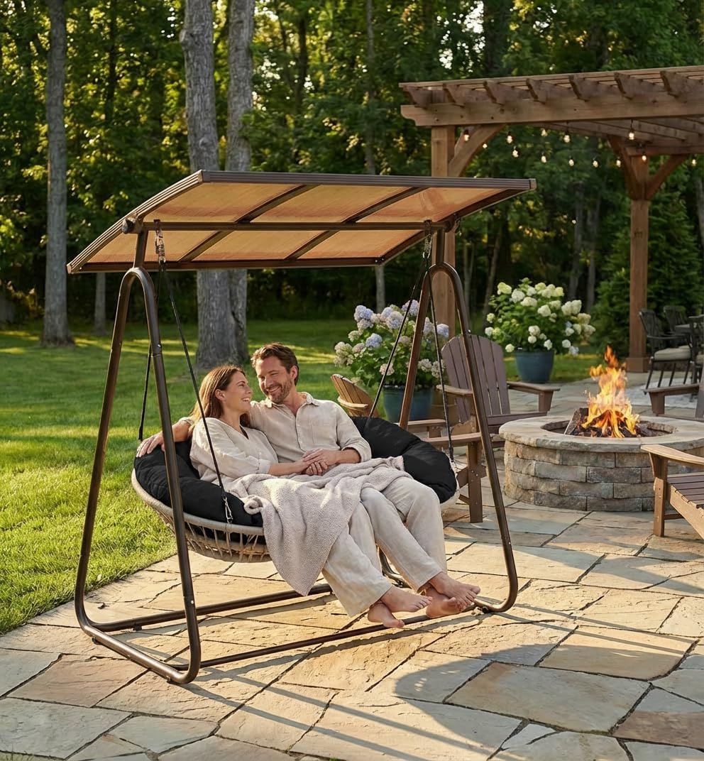 2-Seat Outdoor Patio Porch Swing with Polycarbonate (PC) Canopy, All-Weather Outdoor Swing Chair with 4.7" Thick Cushion and Hand-Woven Rope, Heavy Duty Steel Frame for Patio, Garden, Black