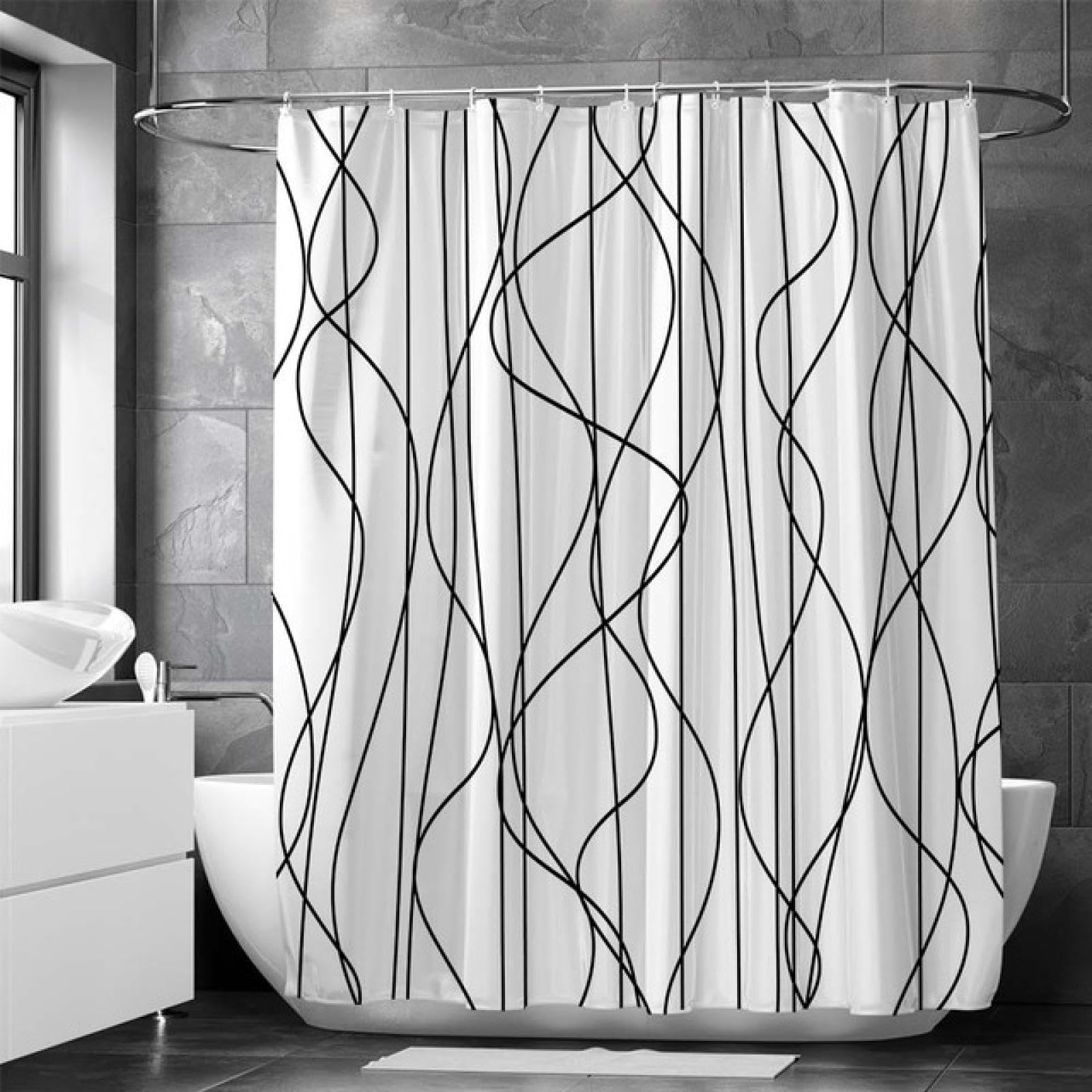 Cortina de Ducha de líneas Blancas y Negras, Resistente al Moho, Cortina de baño, Tela Lavable, Cortinas de baño de poliéster Impermeables, 125x200cm