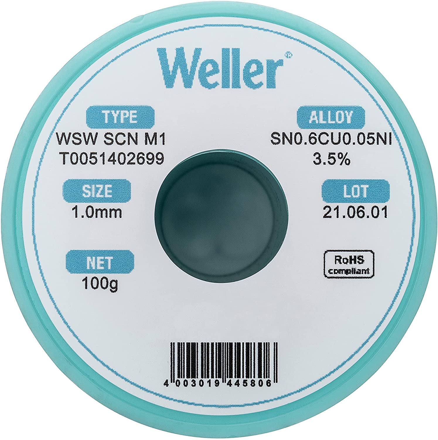 Weller WSW SCN M1 (T0051402699) bezołowiowy drut lutowniczy, Ø 1,0 mm, stop Sn99,3Cu0,6Ni0,05, zawartość strumienia 3,5%, 100 g, srebrny
