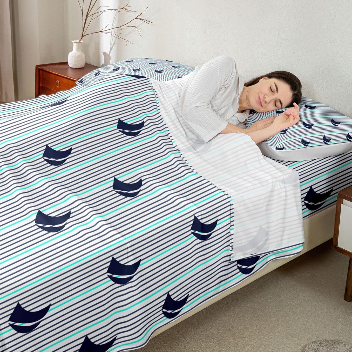 Feelyou Natural Bed Sheets Set King Size Southern Tide Sheet Set for Kids Boys Girls Decor Coastal Sheets with Deep Pocket Fitted Sheet Boat Strip Lines Grey Bedding Set Bedroom