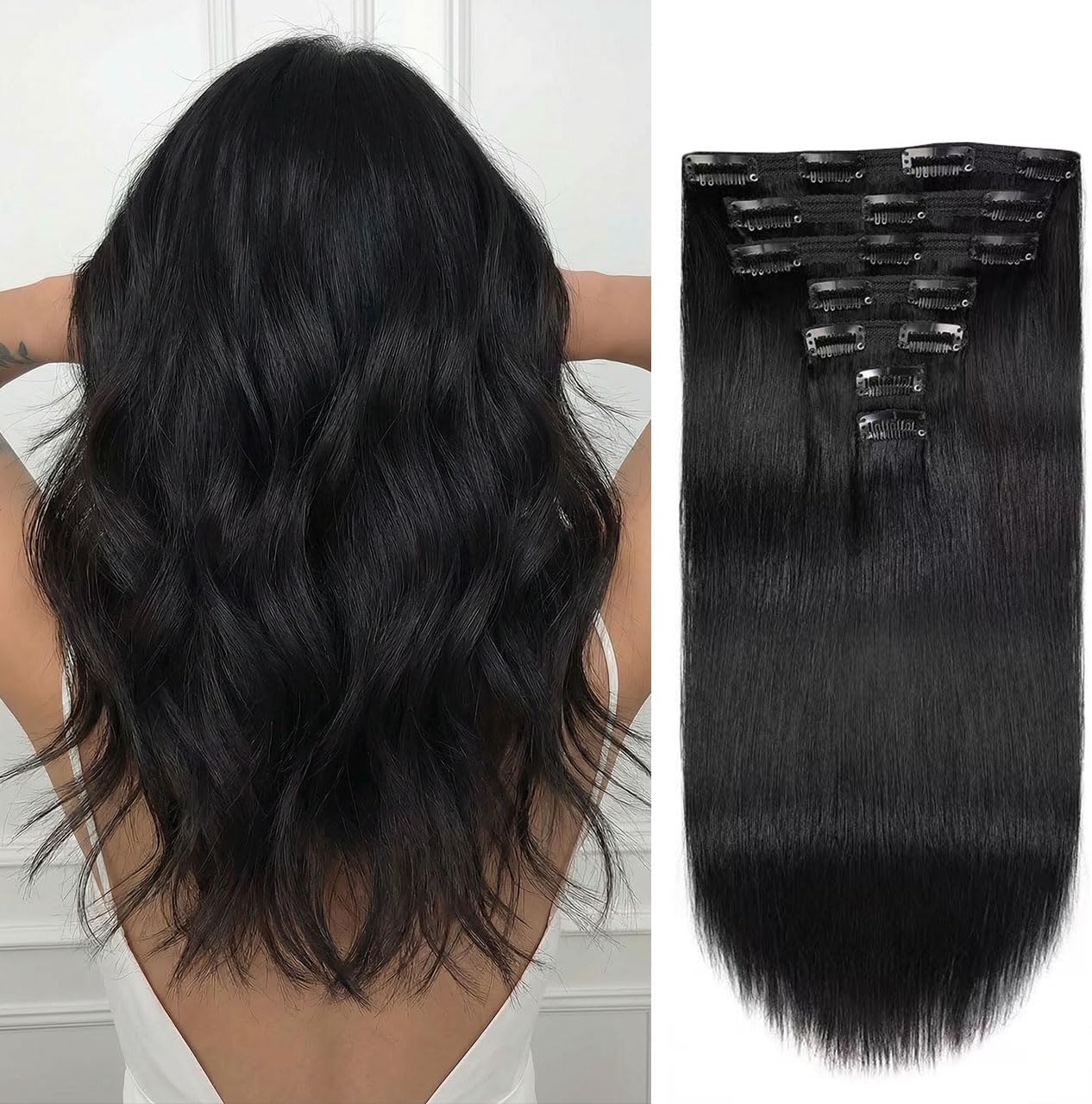 Jiameisi Clip in Hair Extensions Real Human Hair, 12inch Remy Human Hair Extensions Double Weft 70g 7pcs, Natural Straight Clip ins for Women, Ideal for Daily, Party, Wedding Looks #1 Jet Black
