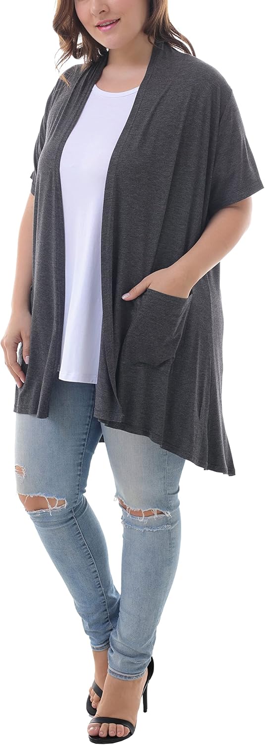 ZERDOCEAN Women's Plus Size Short Sleeve Lightweight Soft Printed Drape Cardigan with Pockets - Image 5
