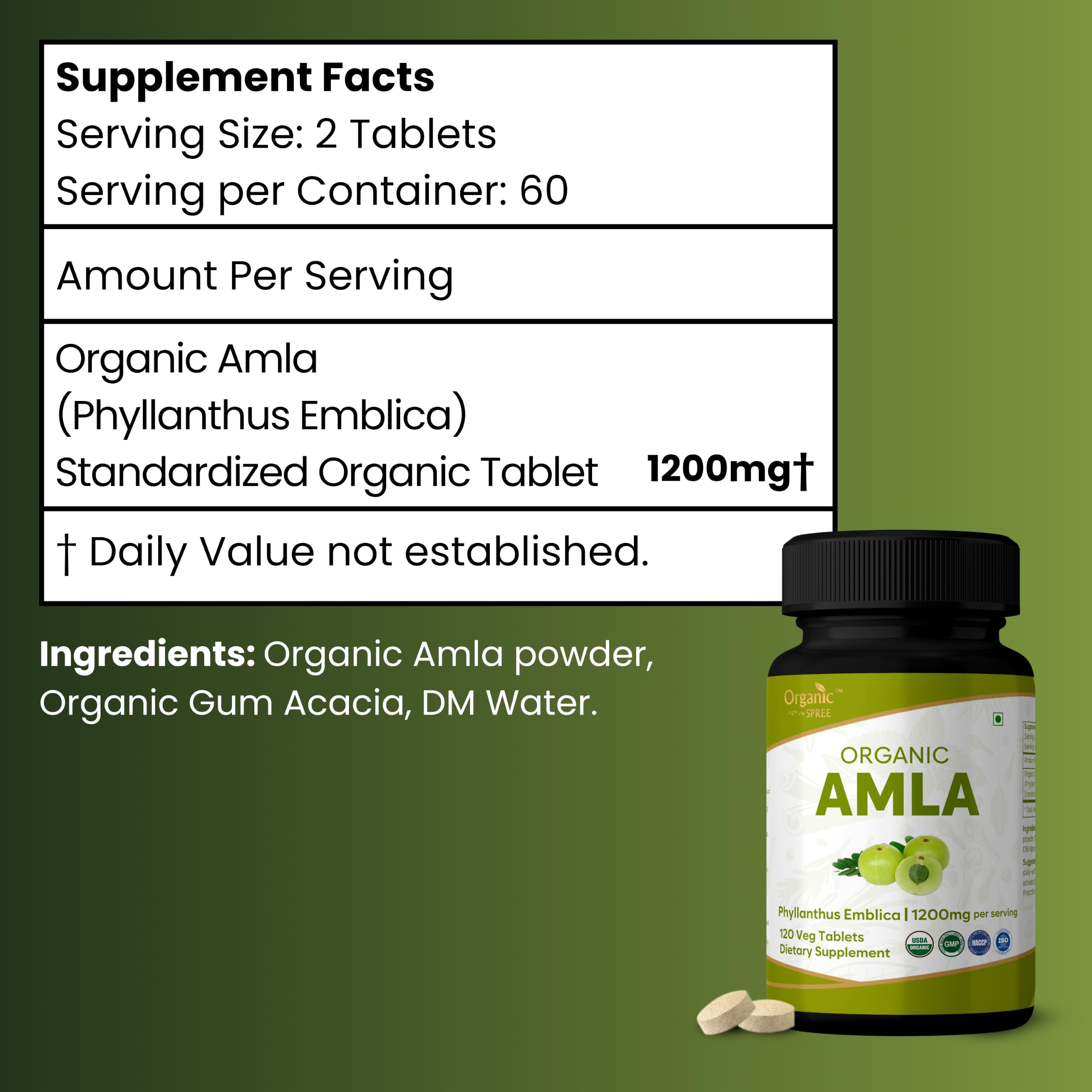 Organic Spree Amla 120 Tablets - Rich in Vitamin C, Supports Immunity, Hair & Skin Wellness* - Indian Gooseberry (Phyllanthus emblica) - 60 Days Supply - USDA Organic, GMP, HACCP Certified - Pack of 3 — Amazon image 6