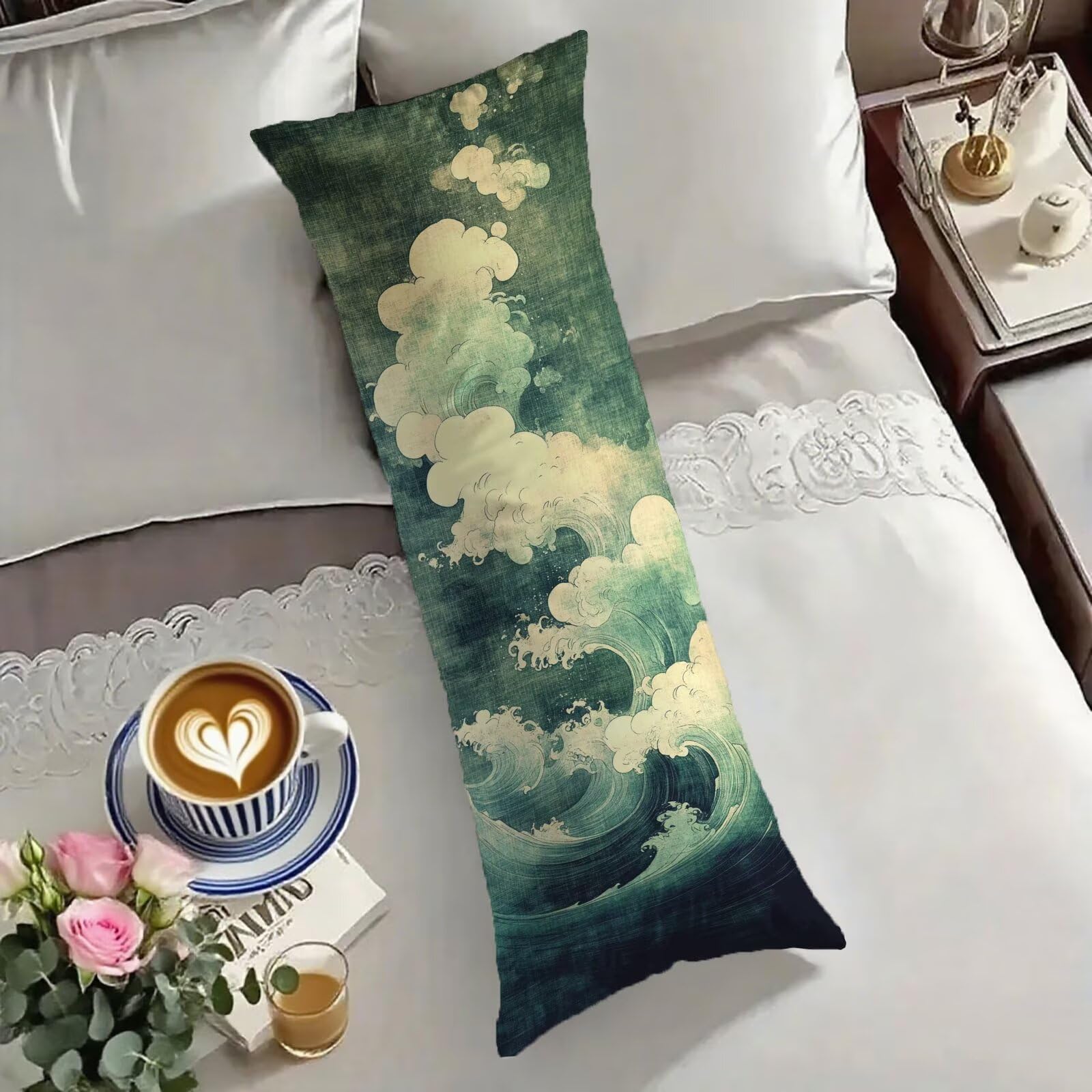 Housse de coussin 40x140 cm motif vert beige, idée cadeau femme idéal