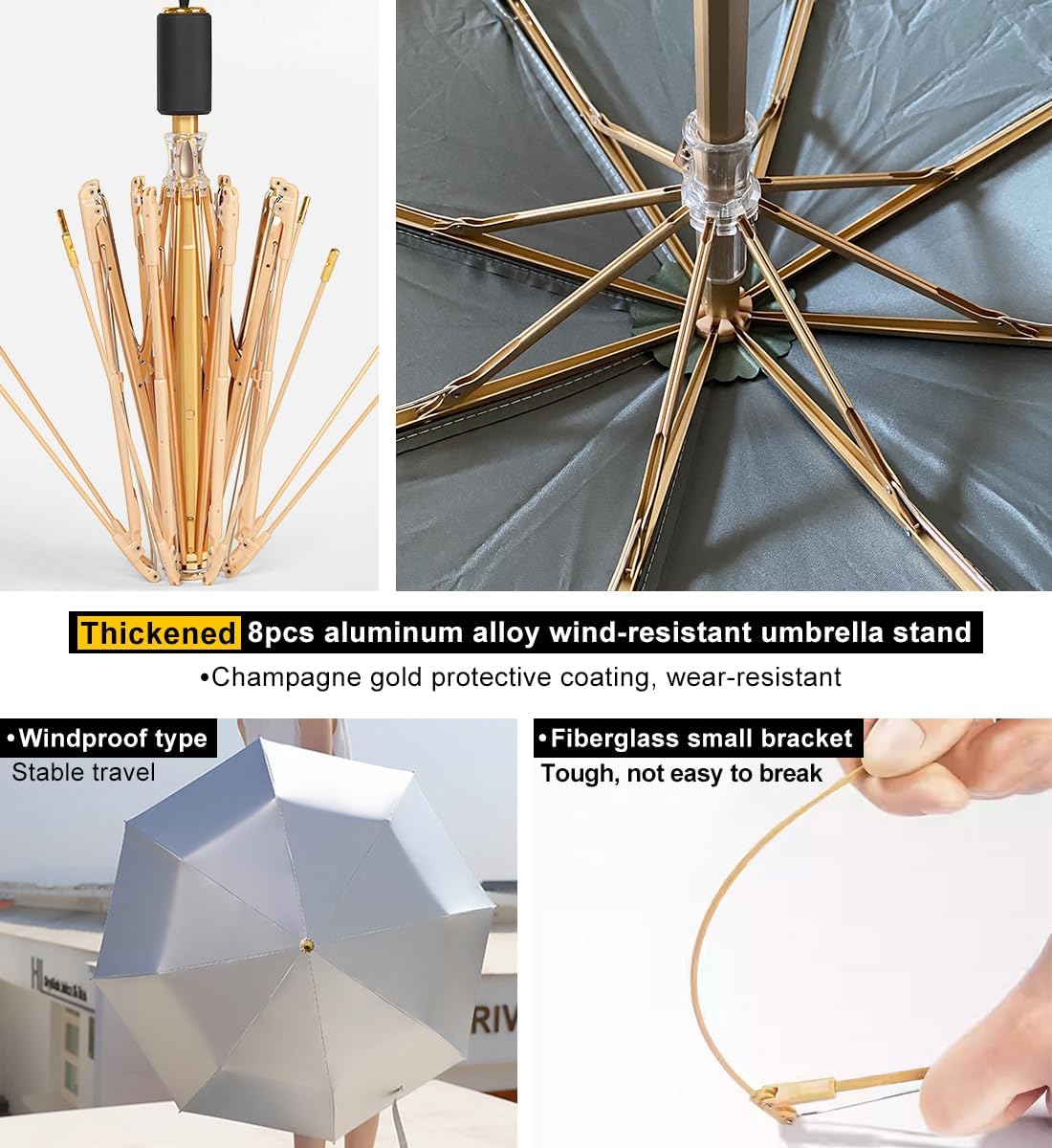 UPF50+double-layer umbrella cloth uv umbrellas for sun protection, Dense Titanium-silver refractive layer + Black rubber filter layer, double-layer cooling,8pcs thick umbrella stand windproof - Image 5